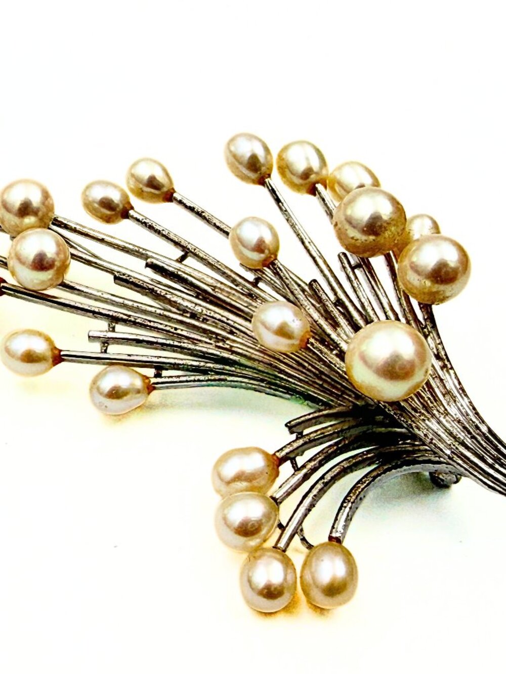 Mid-century Modern Marked Japanese Cultured Akoya Pearl Low Silver Spray Brooch